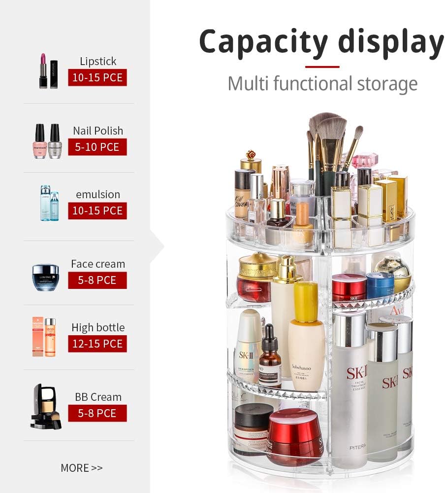 360 Rotating Adjustable Makeup Organizer - Thicker Makeup Storage Display Case Fits Jewelry,Makeup Brushes, Lipsticks and More: Home Improvement