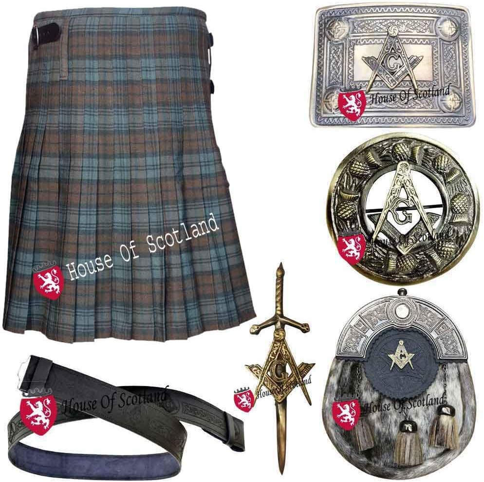 Men's Scottish Highland 8 Yards Kilt Outfit Set 16oz Weathered Balck Watch Kilt Pin,Brooch Belt & Buckle (Weathered Black Watch, Belly Button 38'')