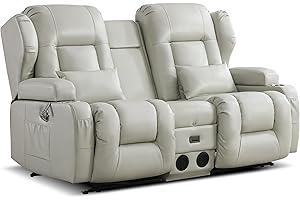 DRMBOOK Loveseat Rocker Recliner Sofa, Faux Leather Double Reclining Couches with Console, Manual Reclinable Dual Recliner Chair, RV Movie Theater Seating with USB/Bluetooth Speaker (PU Silver)