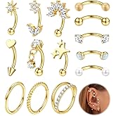 ORAZIO 16g Rook Piercing Jewelry Surgical Steel Vertical Labret Lip Jewelry Gold Eyebrow Piercing Rook Daith Earrings for Women Cartilage Curved Barbell Daith Tragus Piercing Jewelry 14Pcs