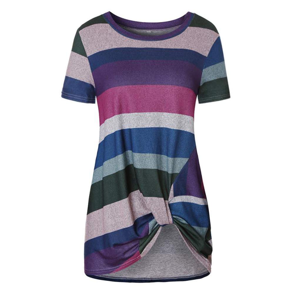 Eanklosco Gestreiftes Tshirt Damen Rundhalsausschnitt Bluse Knoten Vorne Jumper Beiläufig Tunika Tops Kurze Ärmel (XXL, A-Helles Lila)