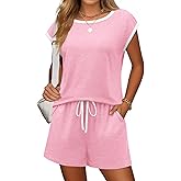 Ekouaer Womens Pajamas Set 2 Piece Short Sleeves PJs O Neck Tops and Drawstring Waist Shorts Soft Lounge Set