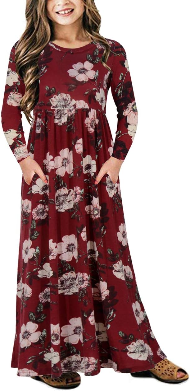 GORLYA Girl's Short Sleeve Floral Print Loose Casual Holiday Long Maxi Dress with Pockets 4-12 Years