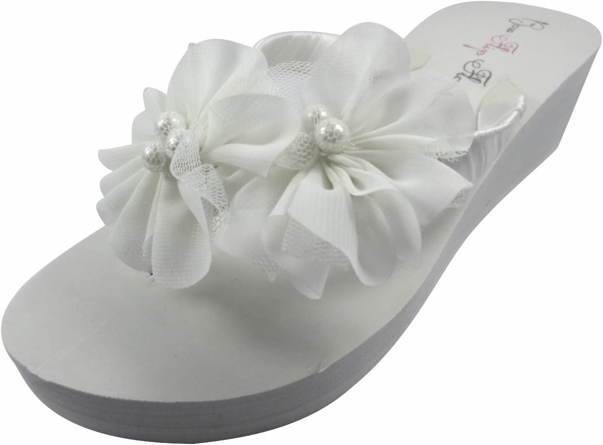 Bow Flip FlopsIvory White Wedge Flip Flops Wedding Bridal Wedge Bride Platform Heel Flower Satin Shoes Sandals Beach