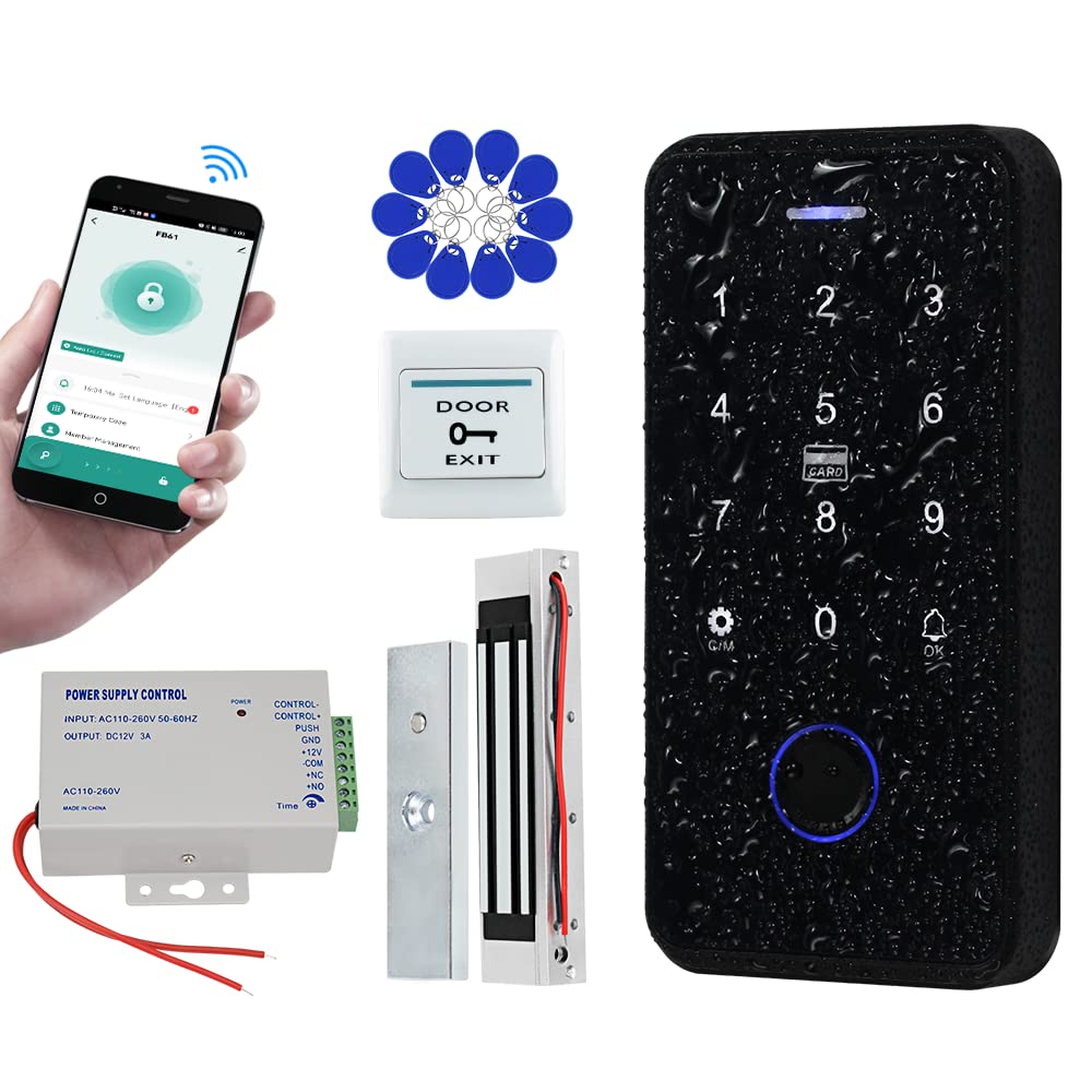 QTTYELOK Bluetooth Tuya Access Control System Kit Waterproof RFID Keypad Fingerprint Biometrics + 180KG/350lbs Electric Magnetic Lock + 10pcs 13.56MHz Keyfobs