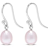 .925 Sterling Silver AAA Natural Pink Teardrop Shaped Freshwater Cultured Pearl French Wire Dangling Drop Earrings