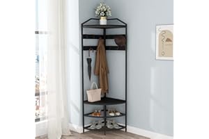 GiftGo Modern Black Entryway Corner Hall Tree with Shoe Bench Entryway Coat Rack with 10 Metal Movable Hooks Wooden Clothes Rack Shoes Shelf Organizer for Home Office Bedroom (Black)