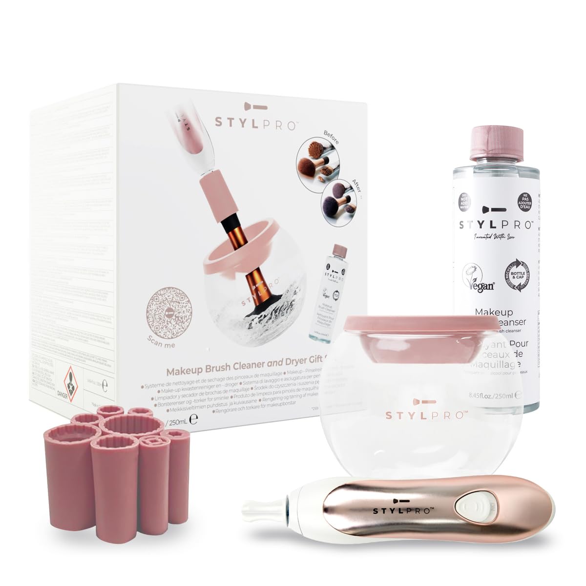 StylPro Gift Set Kit: Electric Makeup Brush Cleaner and Dryer Machine with 8 Brush Collars, Brush Cleanser - Fast, Automatic Spinning Brush Cleaner with Heat-Resistant Bowl (ROSE GOLD)