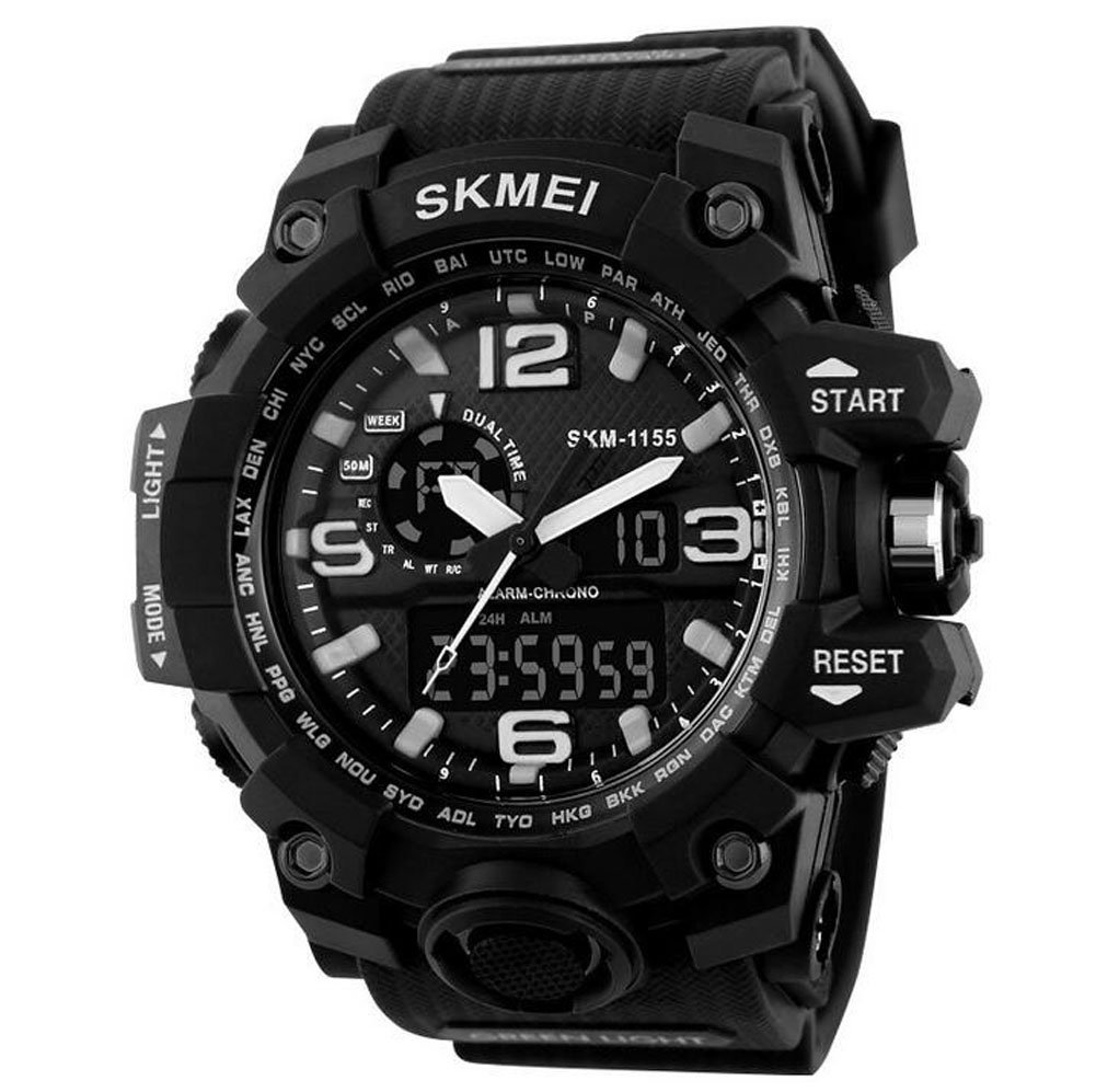 Oumosi - Orologio da polso da uomo, stile militare, con LED, digitale e analogico multifunzione, sportivo Black