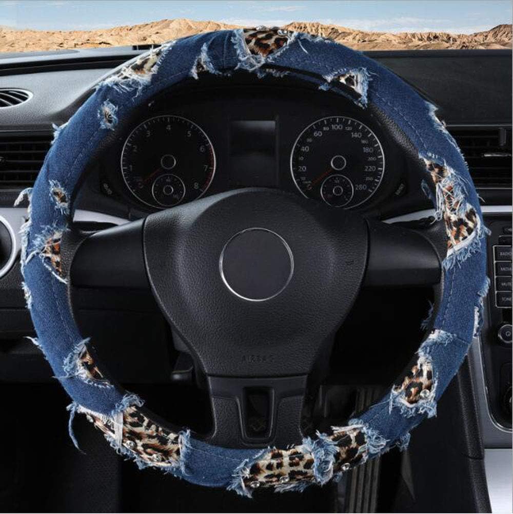Carmen Leopard Printed Denim Steering Wheel Cover Leather Universal 15
