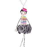 BONSNY Handmade Paris Doll Necklace with Floral Flower Fabric Dress,Natural freshwater shells Botton for Body, Crystal Rhinestone Charm, Statement Long Silver Chain Jewelry for Women