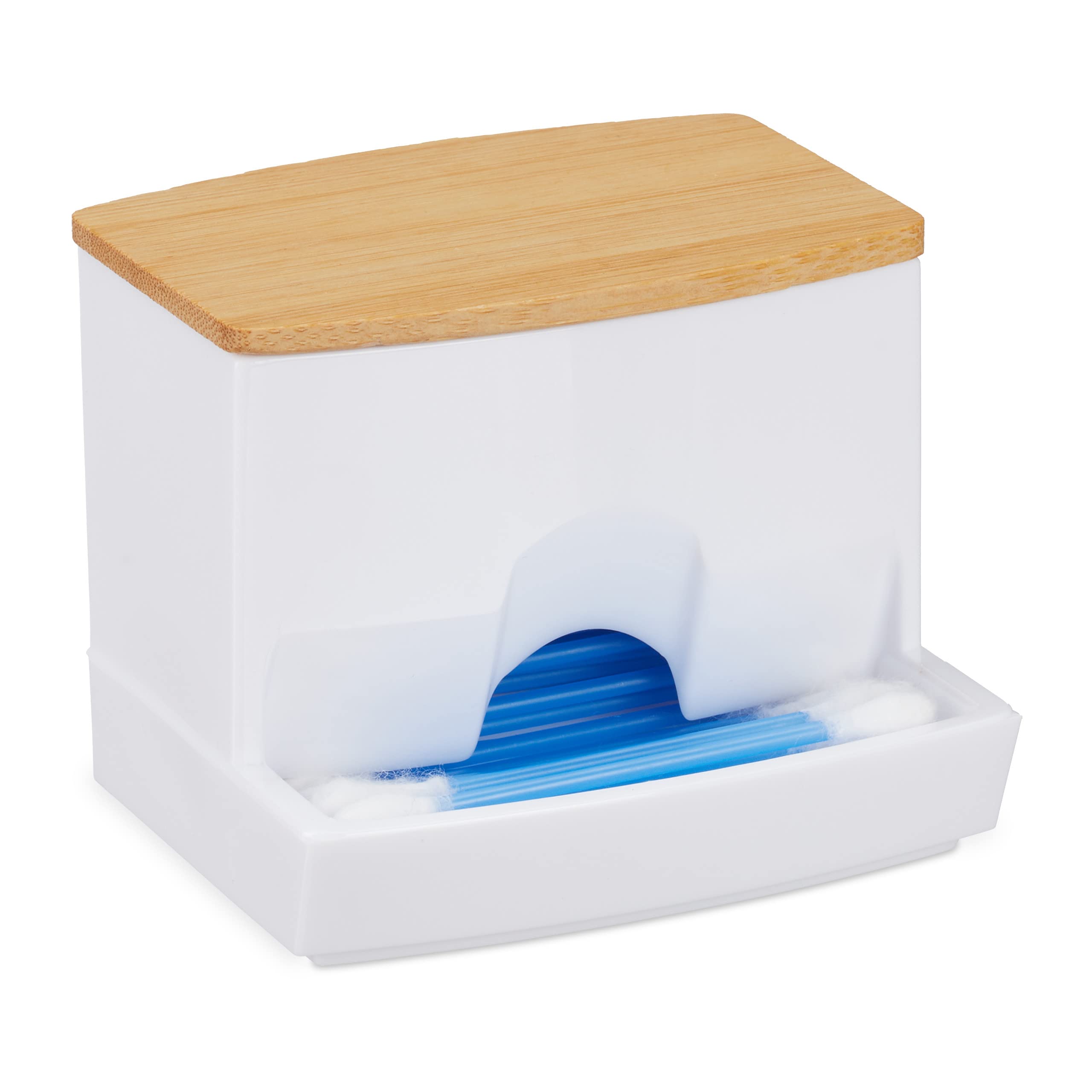 Relaxdays Cotton Swab Storage Box, Acrylic Lidded Organiser, Stick Bathroom Dispenser, Size M, White/Brown