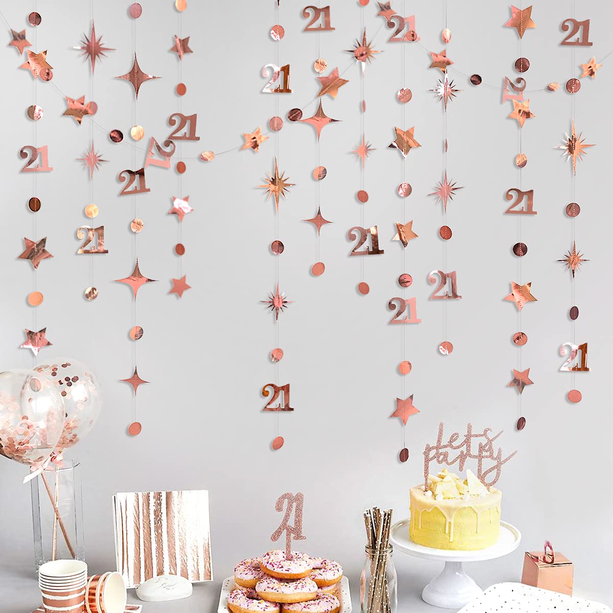 pinkblume Rose Gold Number 21 Circle Dot Twinkle Star Garland Kit Metallic Hanging Streamer Banner Background Decoration for Girls 21st Birthday Finally Twenty One Anniversary Wedding Supplies