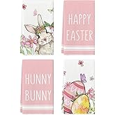 Artoid Mode Pink Bunny Rabbit Eggs Floral Happy Easter Kitchen Towels Dish Towels, 18x26 Inch Seasonal Decoration Hand Towels Set of 4