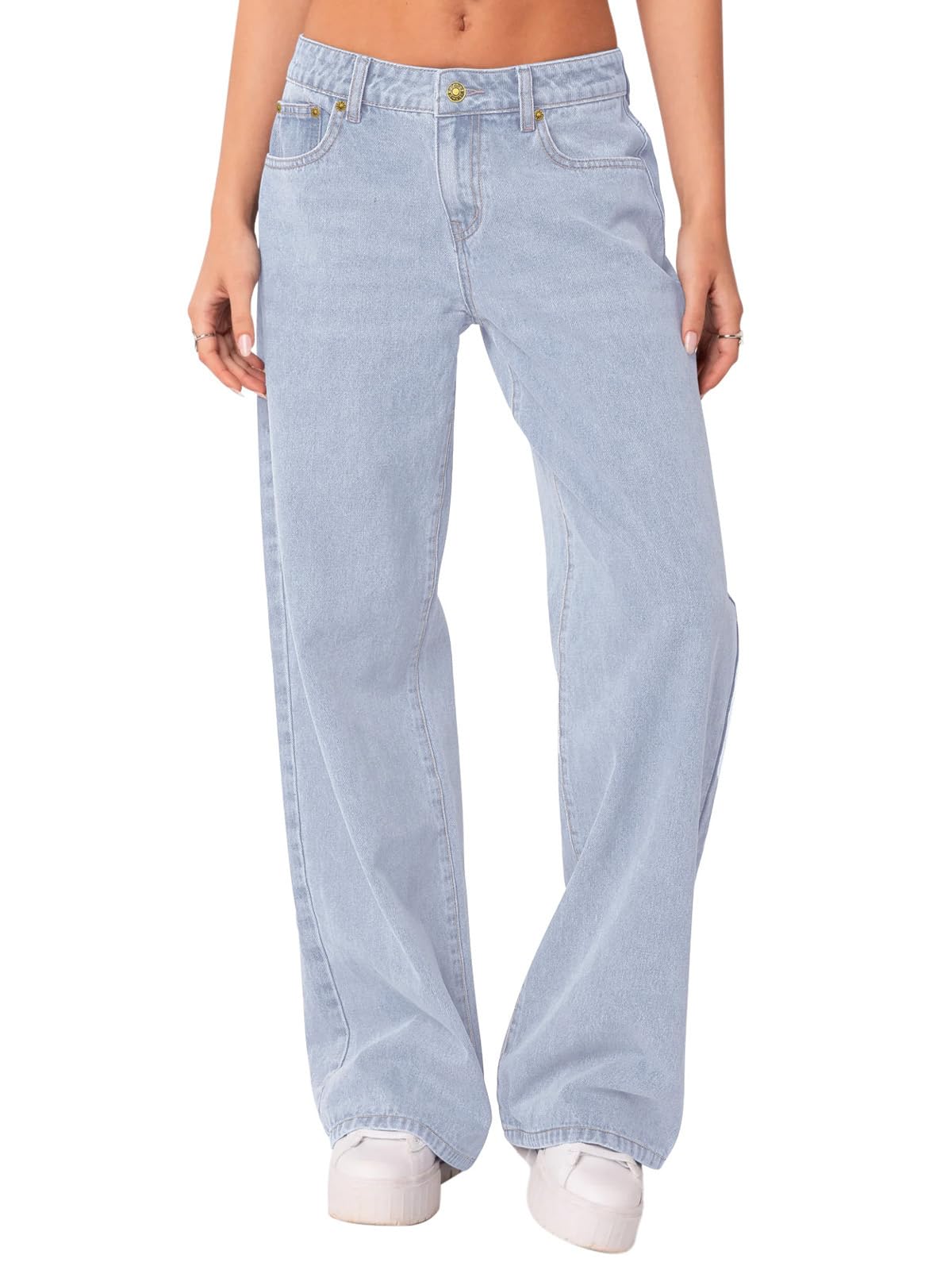 Photo 1 of NIMIN Womens Vintage Baggy Mid Rise Washed Jeans Loose Straight Wide Leg Y2K High Waisted Denim Pants with Pockets Bleached Black Large