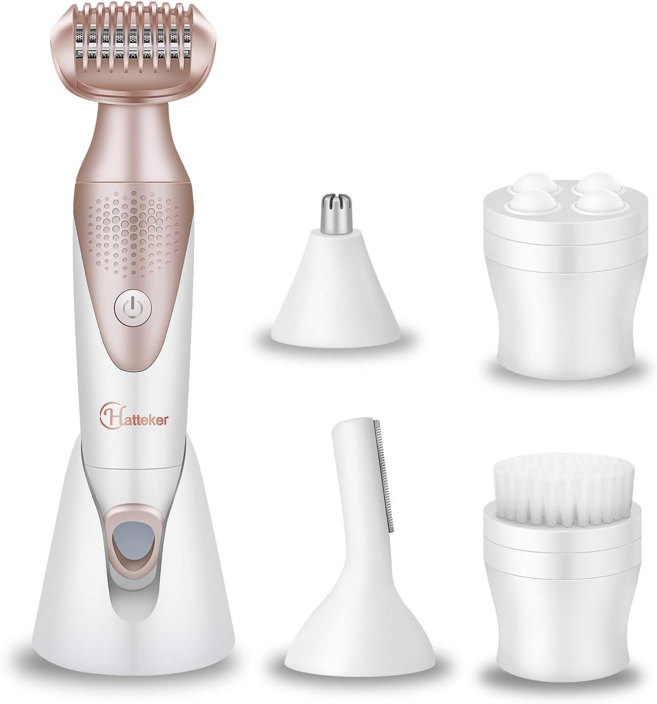 Hatteker Electric Waterproof Lady Shaver - Painless 5 in 1 Facial Hair Remover for Women Facial Cleansing Brush Bikini Trimmer for Face Eyebrow Nose and Body