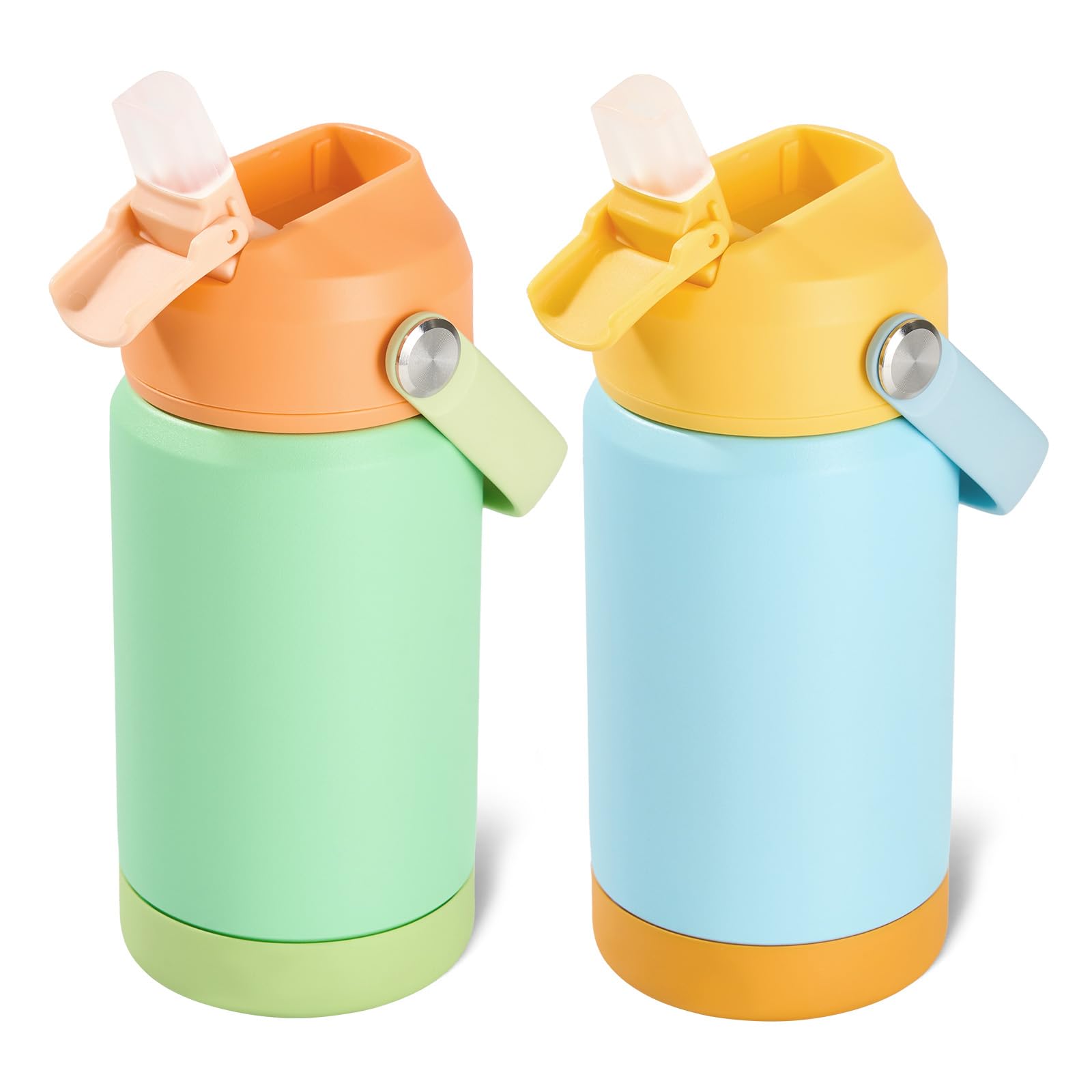 Kerilyn 12oz Kids Water Bottle 2 Pack, Stainless Steel Insulated Water Bottle Bulk, Toddler Cups with Straws Leak-Proof, Kids Water Bottles for School Boys Girls, BPA Free, 2 Piece Set Ocean Couple Image