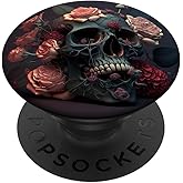 Skull and Roses Floral Black Dark Goth Horror Skull PopSockets Adhesive PopGrip
