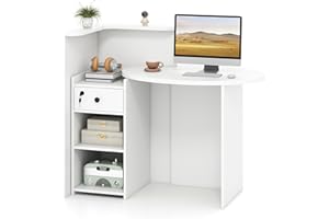 Tangkula Reception Desk, Front Counter Desk with Lockable Drawer & Adjustable Shelf, Oval Desktop, Retail Counter for Checkout, Computer Workstation for Salon Lobby Home Office