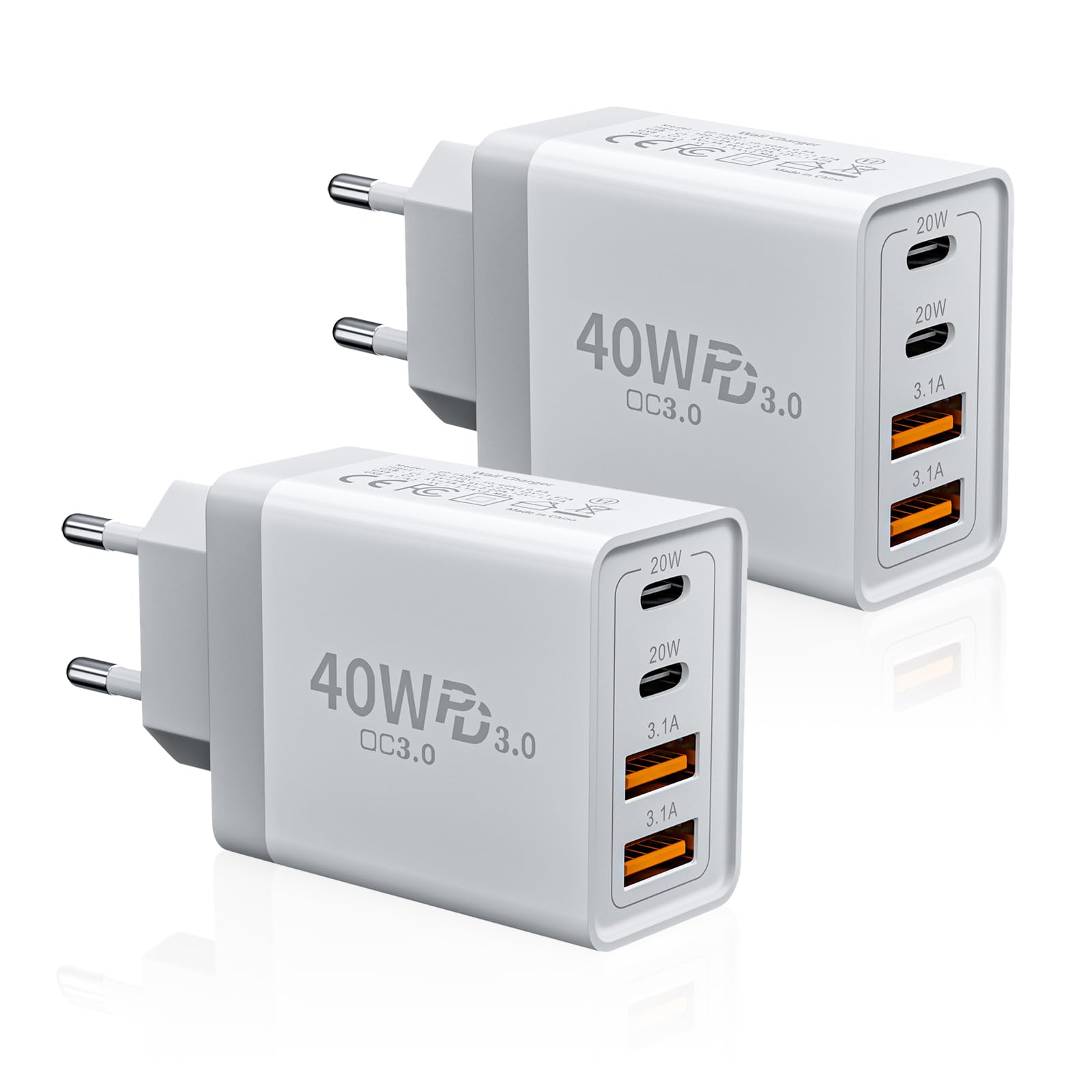 2er Pack USB C Ladegerät, 40W 4-Ports USB-C&USB-A Mehrfach Typ C Schnellladegerät Netzteil Adapter Stecker für iPhone 17 16 16e 15 14 Pro Max 13 12 11 SE 2020 XS XR 8 7, Samsung, Tablet, Handys