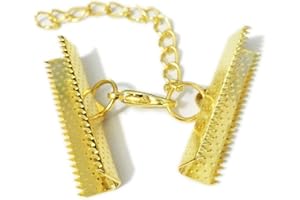 ZHITENG 10 Set Ribbon Clamp Crimp Ends Beads Flat Cover with Lobster Claw Swivel Clasps Extension Chain Jump Rings Cords End Caps String Leather Clip Foldover Necklace Bracelet Connectors (Gold Crimp 30mm)