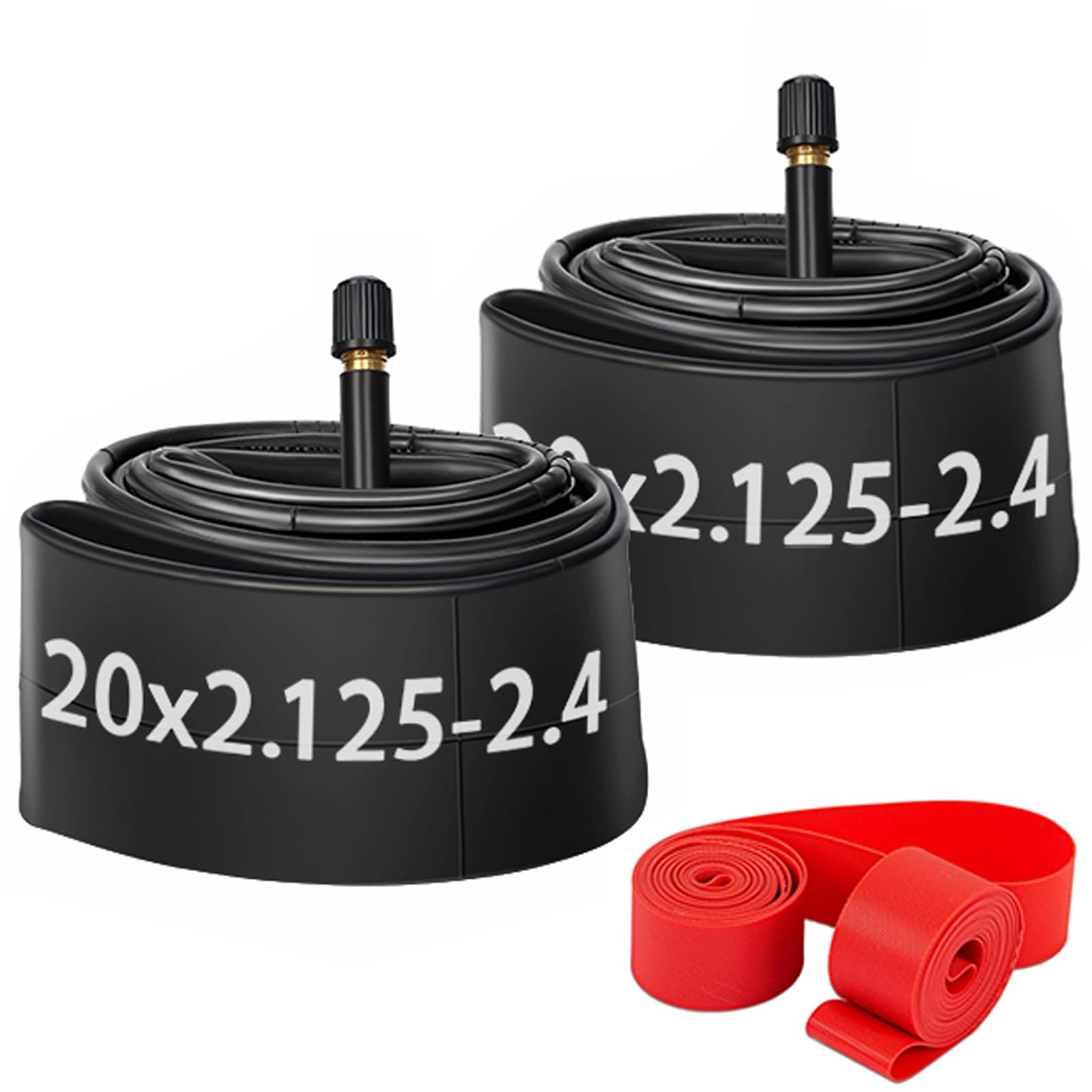 Photo 1 of 20x2.125-2.40 Bike Inner Tubes, 2 Pack 20 X 2.125 2.20 2.25 2.30 2.35 2.40 Heavy Duty Bicycle Tire Tubes with 2 Pcs Rim Strip for 20" BMX Bike Mountain Bike, Schrader Valve