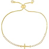 CANYEN Dainty Sideways Cross Bracelet for Women, CZ Tennis Bracelets, Simple Cubic Zirconia Religious Hand Chain with Bolo Slider, Trendy Christian Faith Baptism Jewelry Gifts