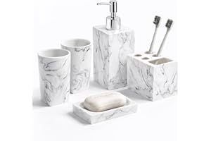 5 Piece Bathroom Accessories Set, Marble Resin Bathroom Vanity Set, Soap Dispenser, Toothbrush Holder, Soap Dish & 2 Tumblers