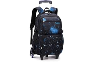 BANSUSU Galaxy-Print Rolling-Backpack Boys-Bookbag on Wheels, Galaxy Wheel Backpack, Wheel Trolley Bag for School