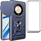 CNPUTAO Case for Honor X9b / Magic 6 Lite 5G with Tempered Glass Screen Protector [2 Pack],Sliding Camera Window, Kickstand, Shock-Proof Anti-Scratch Dual-Layer Phone Cover, Blue