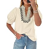 Cicy Bell Womens Puff Short Sleeve Blouses Summer Casual Dressy Embroidered V Neck Tops Loose Fit Tee Shirts