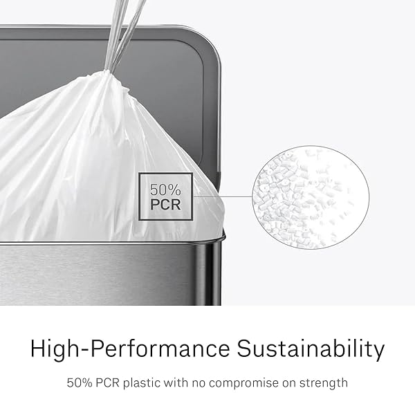 SIMPLEHUMAN CODE H 200 COUNT CUSTOM FIT LINERS, DRAWSTRING KITCHEN TRASH BAGS, ONE-BY-ONE MESS-FREE DISPENSE, EXTRA THICK & DOUBLE SEAMED, 50% PCR PLASTIC, 30-35 LITER / 8-9 GALLON, WHITE