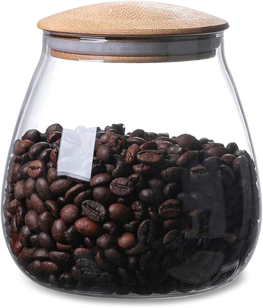 MOLADRI 400ML/13Oz Clear Cute Glass Storage Canister Holder with Airtight Bamboo Lid, Round Modern Decorative Small Container Jar for Coffee, Spice, Candy, Salt, Cookie, Condiment, Pepper, Sugar
