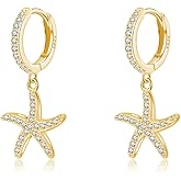 SLUYNZ 925 Sterling Silver CZ Starfish Hoop Earrings for Women Teens Starfish Huggie Earrings Drop for Beach