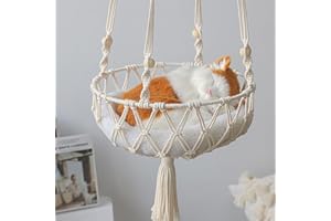 EUBUY Macrame Cat Hammock, Handwoven Hanging Cat Bed Swing, Boho Style, Cotton Rope, Medium Size, Up to 30 Lbs, Indoor/Patio,