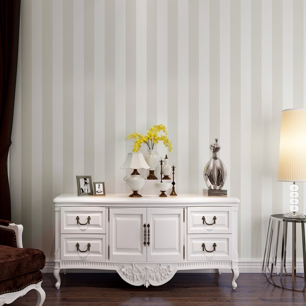 HANMERO European Modern Minimalist Country Luxury Stripe Nonwoven Fabric Wallpaper Rolls for Living Room Bedroom Tv Backdrop Wall Cream & White Color, QZ0102