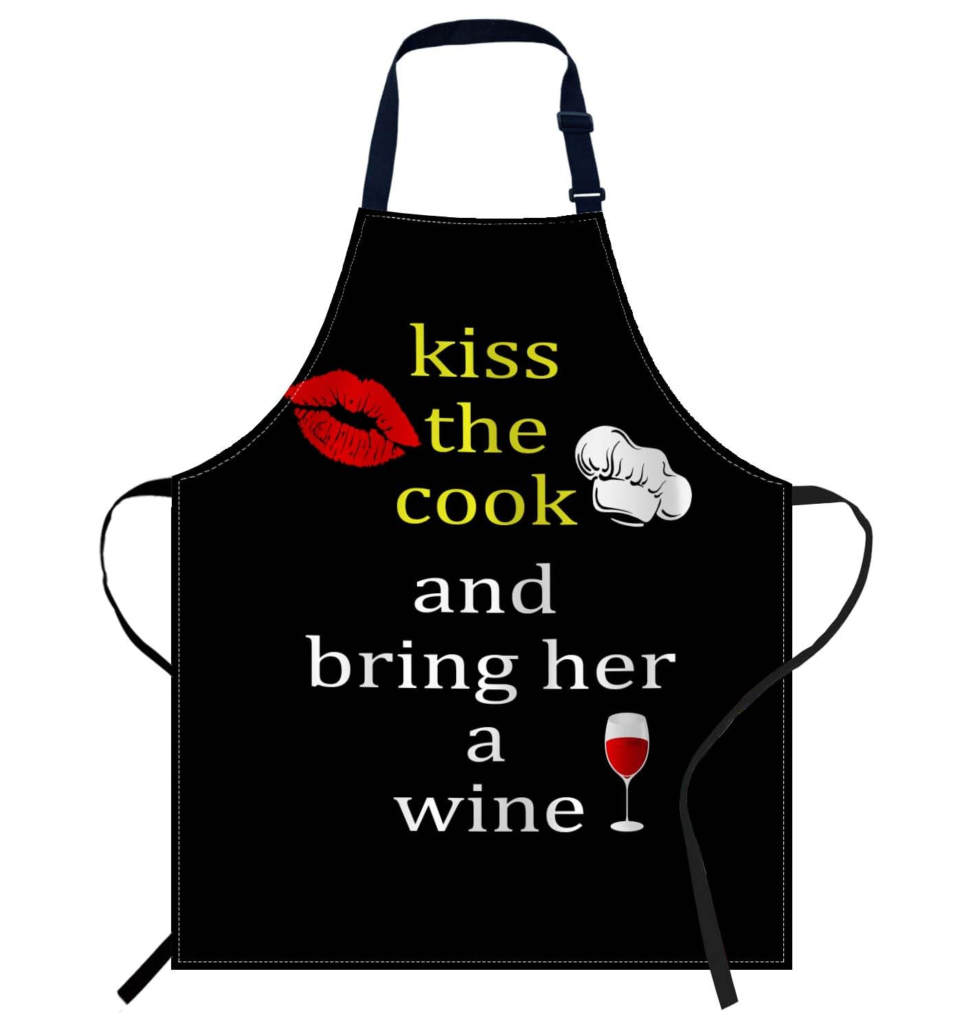 Smooffly Kiss the Cook and Bring Her a Wine Apron Adjustable Bib Chef Aprons Cooking Apron Unisex Women Men Aprons Perfect for Home Kitchen, Baking, Gardening, Restaurant, Coffee house BBQ