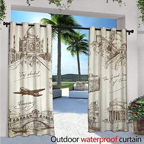 Travel Exterior/Outside Curtains W84 x L108 World Famous Landmarks Tourist Attractions with Airplane and Old Suitcase Illustration for Patio Light Block Heat Out Water Proof Drape Beige