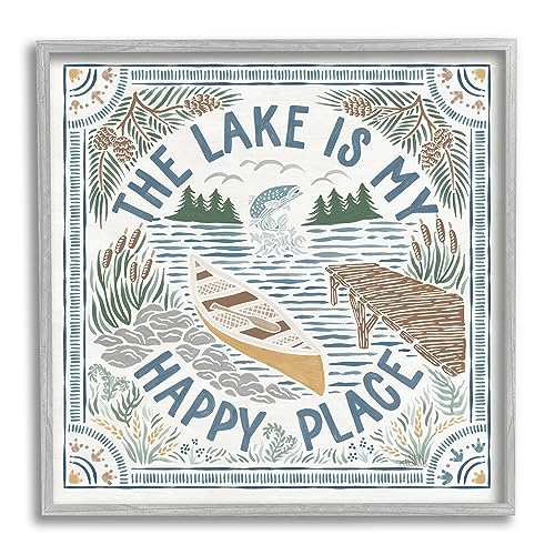 Stupell Industries My Happy Place Lake Phrase Gray Framed Giclee Art Design by…