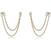 Ettika Gold Earrings, Womens Stud Chain Earrings. Two Hole Piercing Chain Dangle 18k Gold Plated Earrings with CZ Crystals. Jewelry