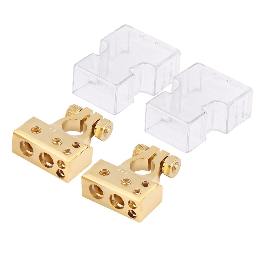 Battery Terminal Clamp, Positive Negative Battery Connector with Protection Cover for 0/1 2 4 8 AWG Gauge (Gold)