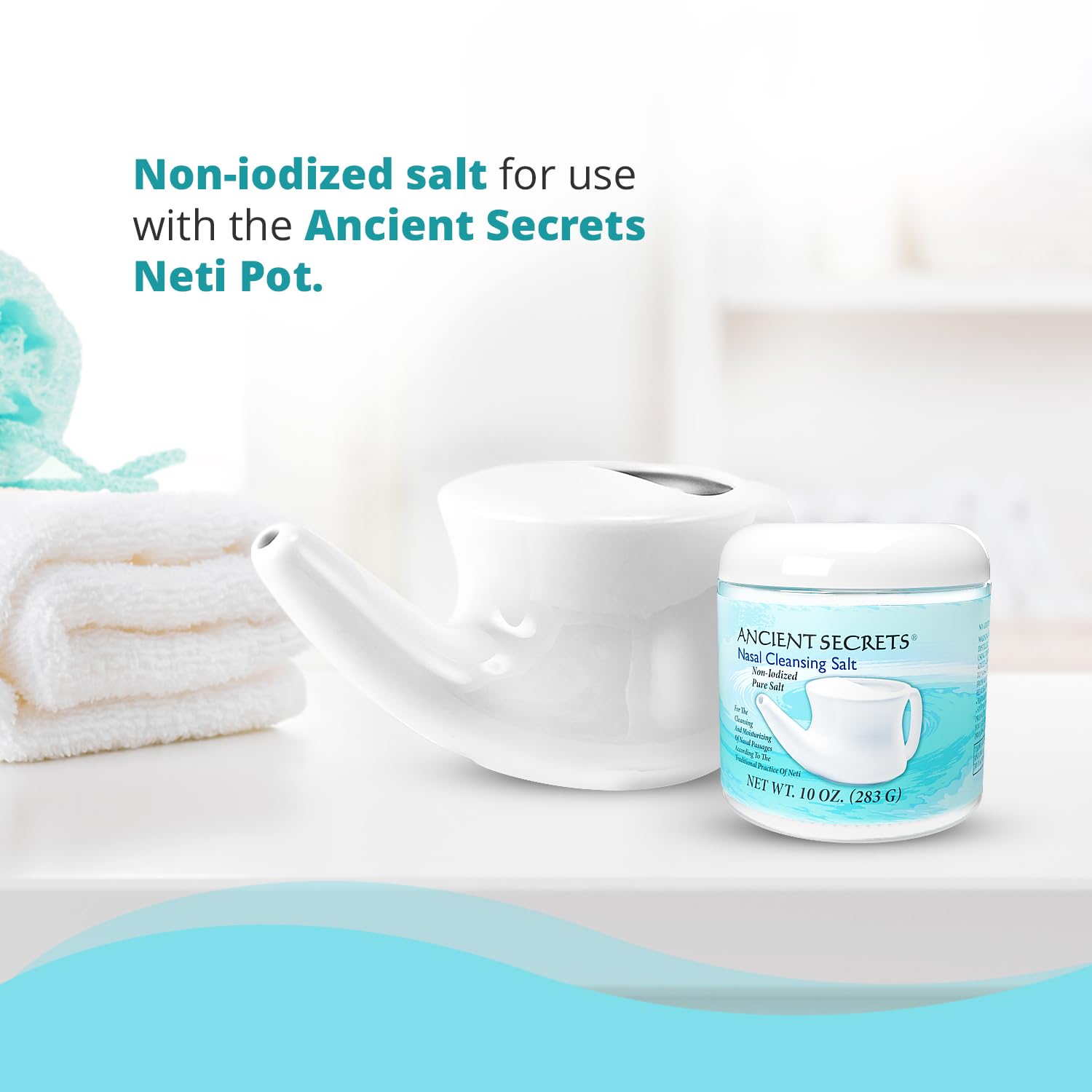 Ancient Secrets Nasal Cleansing Salt, Non-Iodized – USP-Grade Sodium Chloride for Any Neti Pot, Sinus Irrigation System, 10 Oz + Single-Use Travel Pack