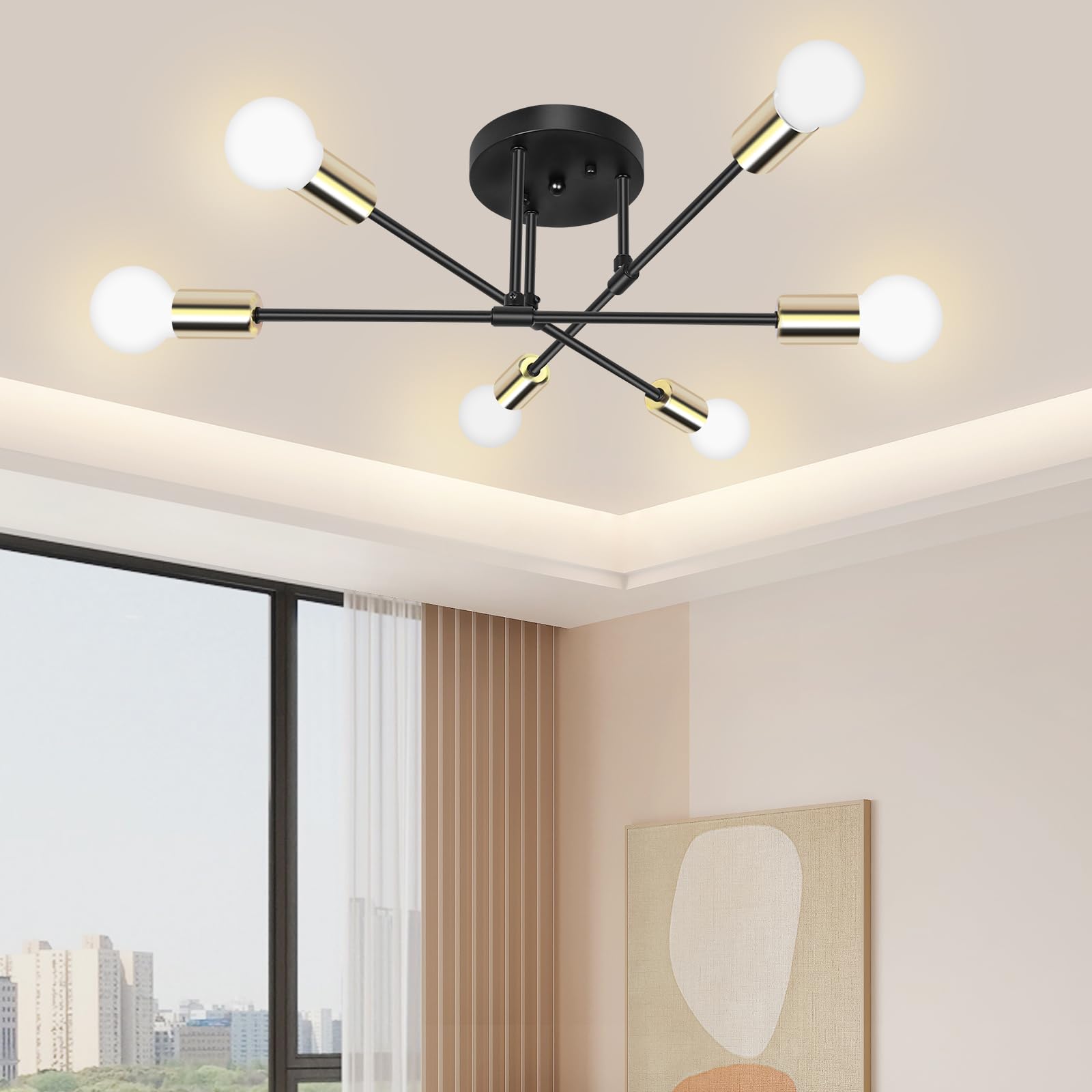 SILAMPDI 6-Light Black and Gold Ceiling Light Fixture, Modern Sputnik Chandelier, Industrial Dining Room Light Fixture for Bedroom, Living Room, Kitchen, Hallway, E27 Base, Bulbs Not Included