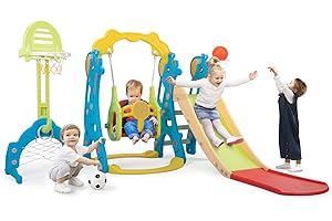 NYEEKOY 6 in 1 Toddler Slide and Swing Playset Indoor Outdoor Freestanding Playground Kids Slide Climber Swing Set with Basketball Hoop for Kids Age 3-12, Backyards Slide for Baby