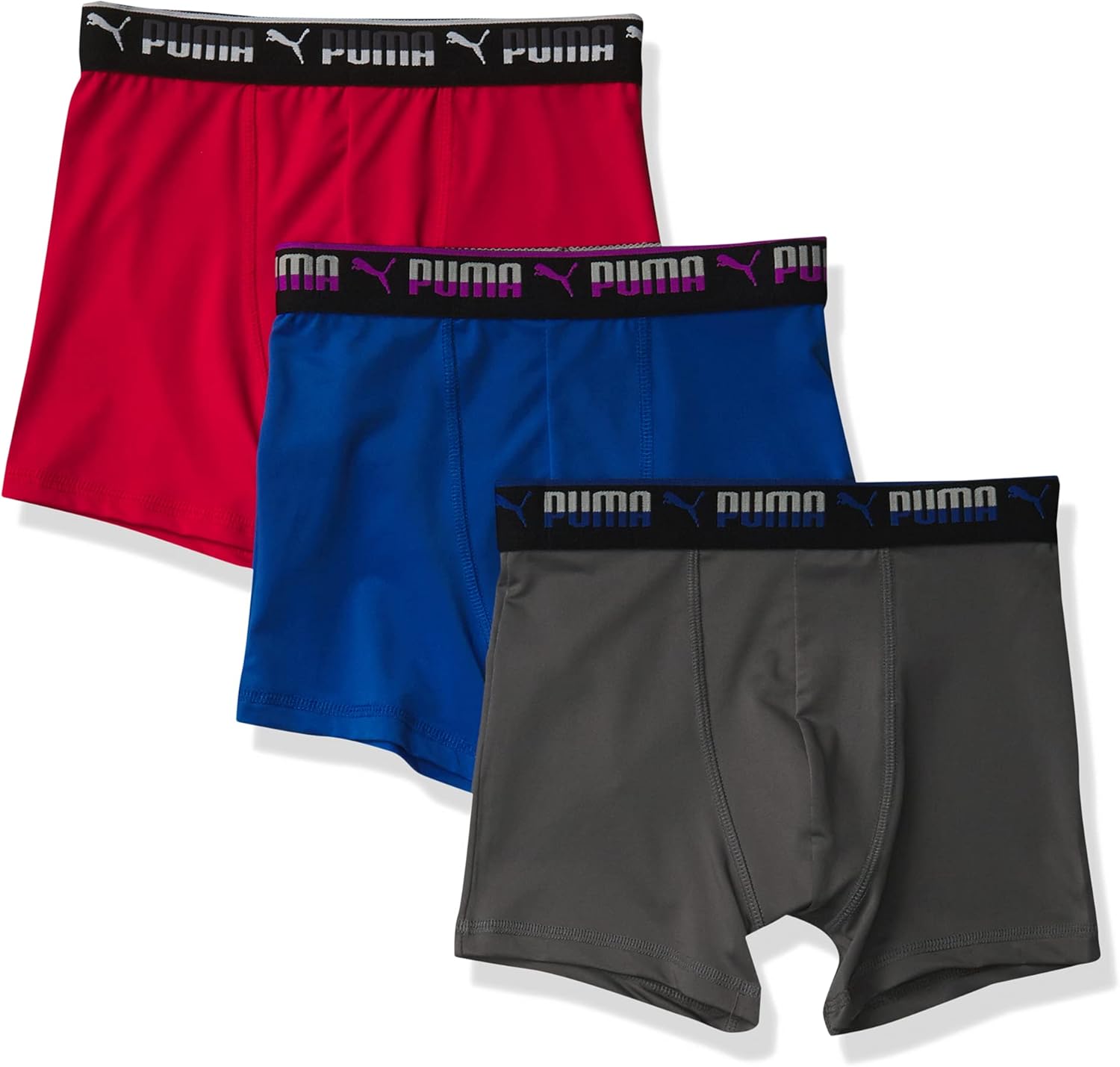 PUMA 3 Pack Boys' Performance Boxer Brief, Red/Grey/Blue, XLarge