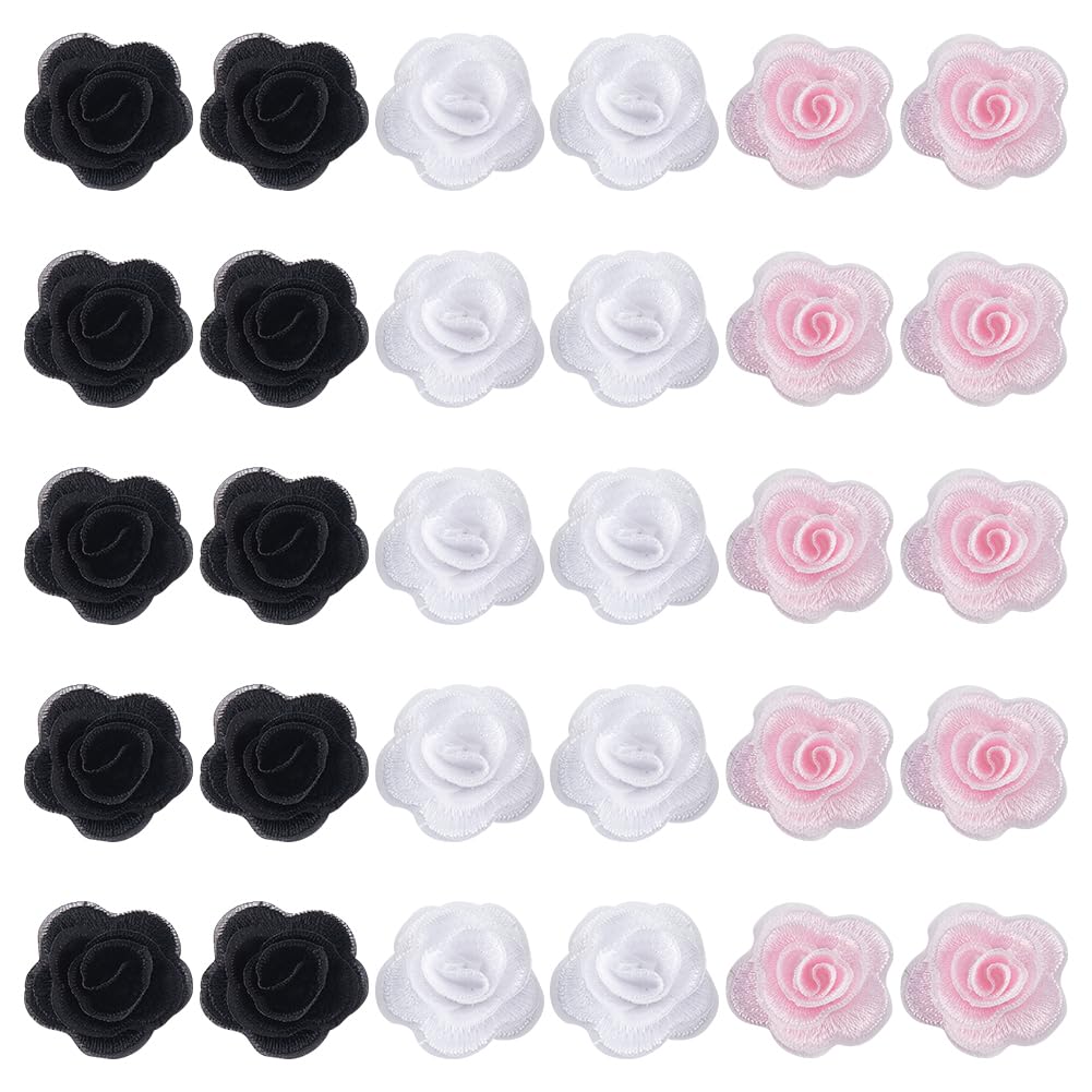 GORGECRAFT 30Pcs 3 Colors 3D Flower Applique 3cm Embroidery Floral Sew On Lace Patches Embellishments for Wedding Bridal Dress Clothes Repairing Hair Ornaments Sewing DIY Crafts Black White Pink