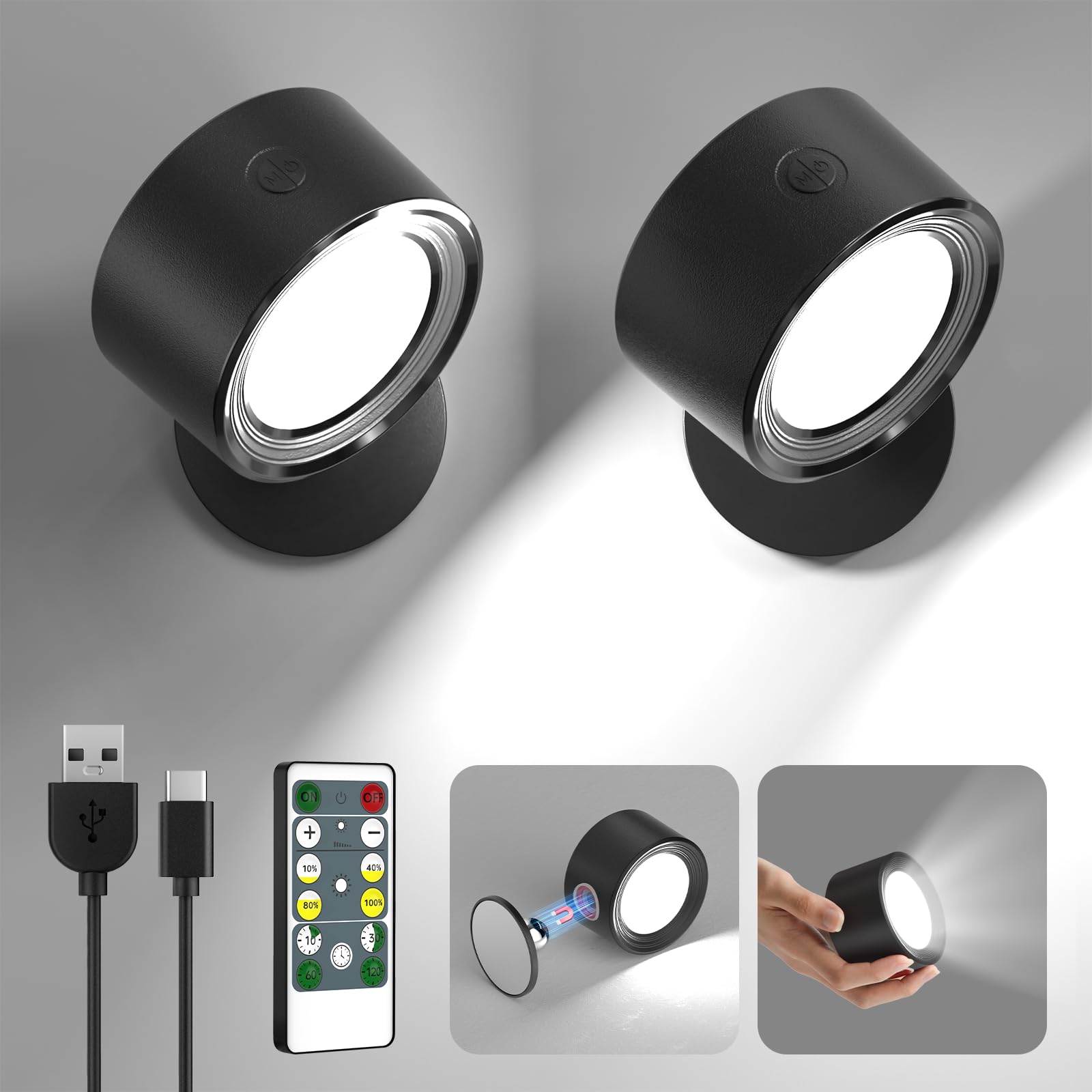 Photo 1 of Lightbiz LED Wall Mounted Lights 2 Pcs with Remote, Wall Sconces Lamp 3000mAh Rechargeable Battery Operated, 3 Color Temperatures & Dimmable Magnetic 360° Rotation Cordless Light for Bedroom Bedside