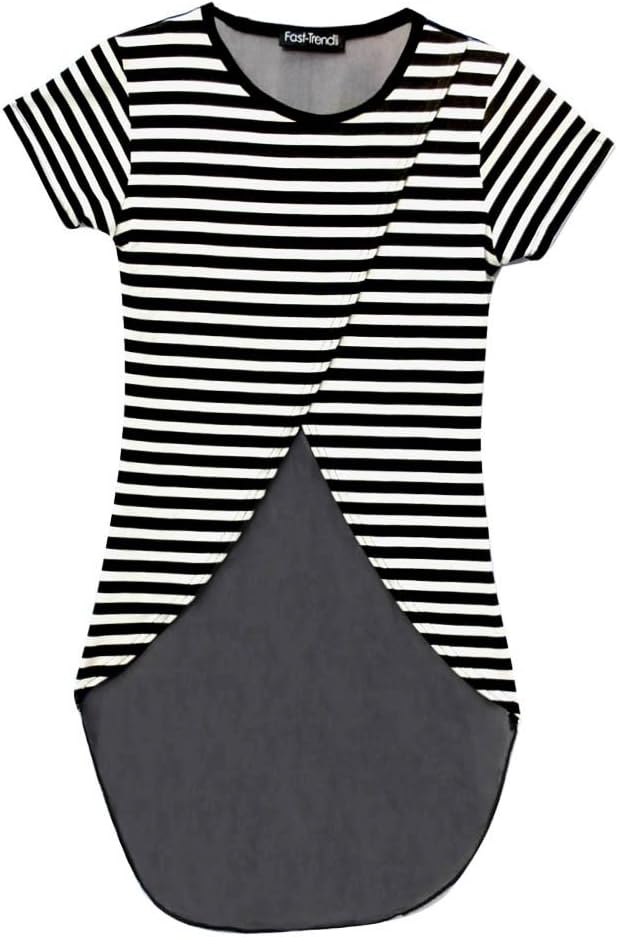 Miss Vanilla Kids Girls Black White Stripe Asymmetric Cross Cut Crop Belly Top with Mesh Net Back Set Age 7-14 Years