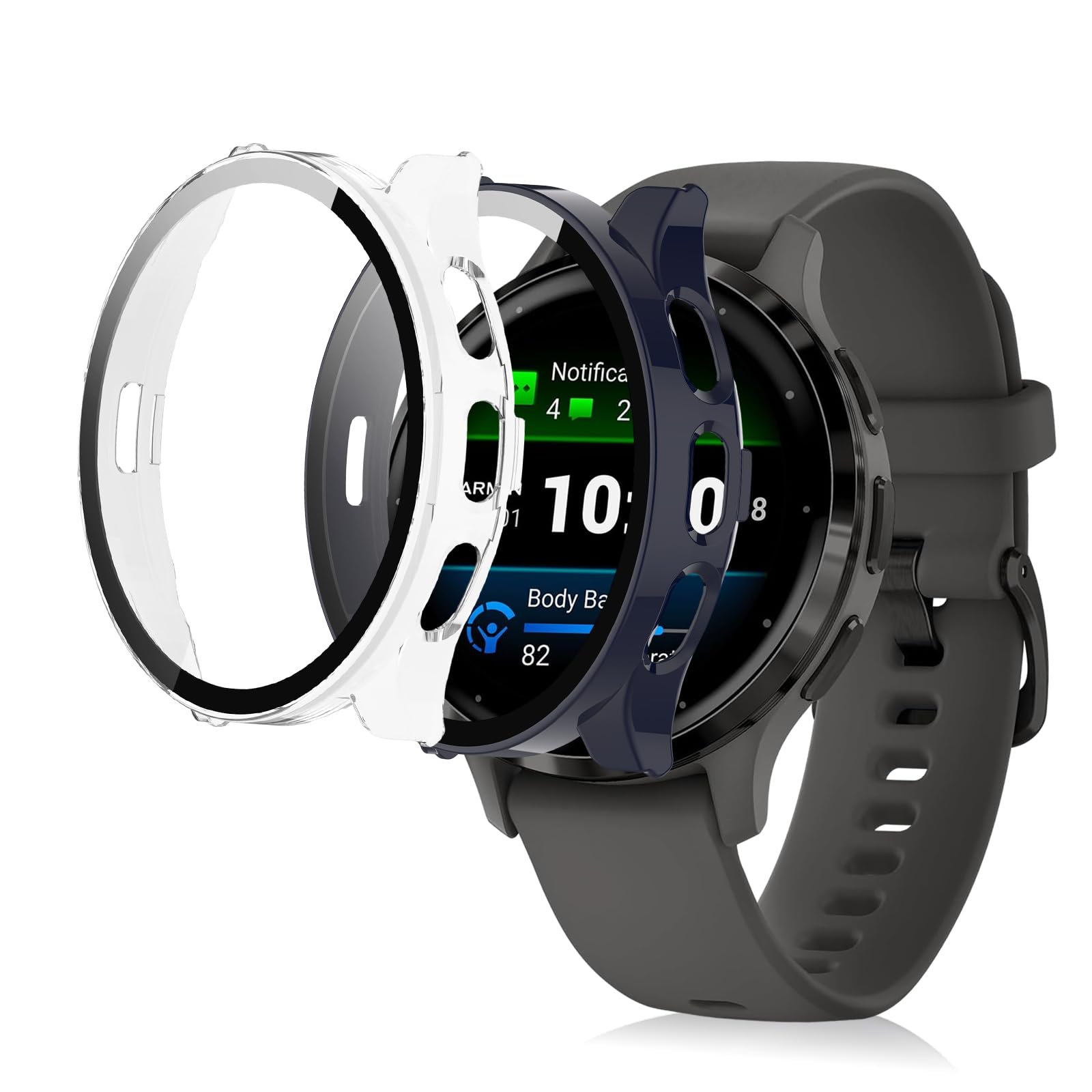 KUSINHOKA [2Pack] Case for Garmin venu 3S Tempered Glass Screen Protector，PC Hard Case Tempered Glass Screen Protection Cover Slim Full Cover Scratch Proof Protector，Black+Transparent