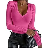 RoseSeek Women's V Neck Long Sleeve T Shirts Slim Fit Fall Tops Basic Top Undershirts